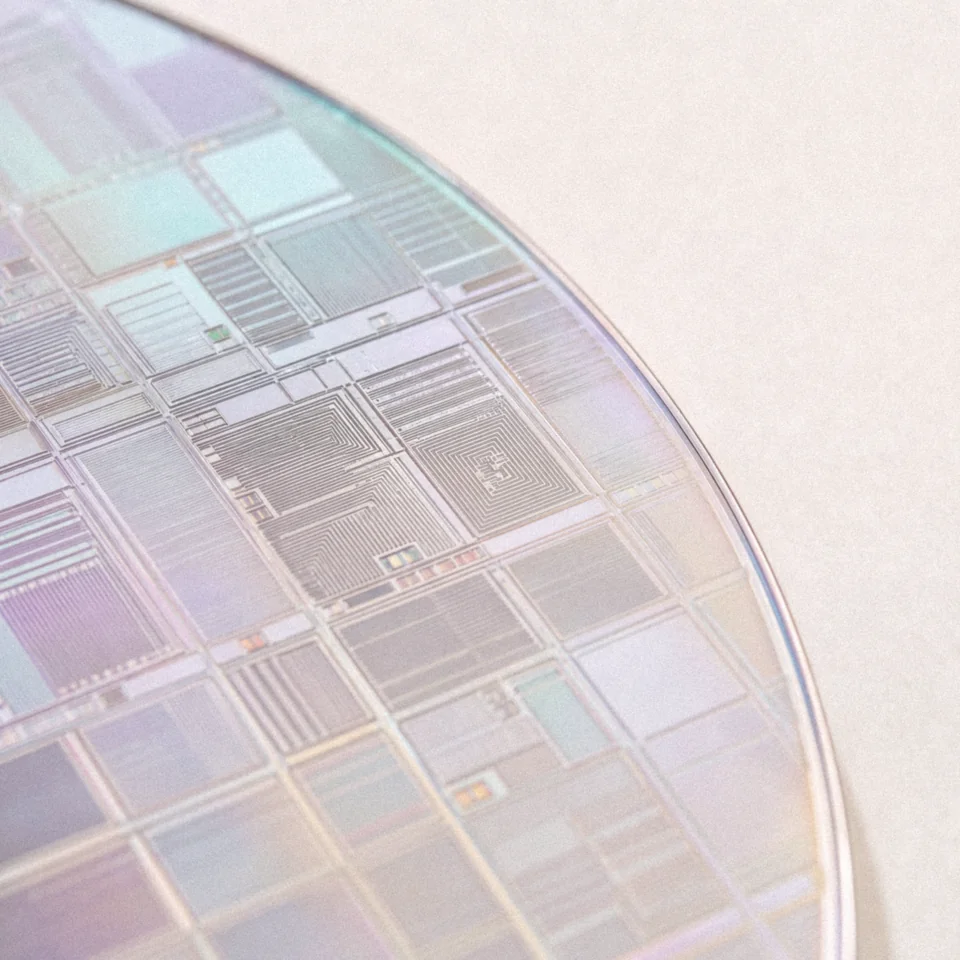 Rand eines schimmernden Silizium-Wafers auf cremefarbenem Papier.